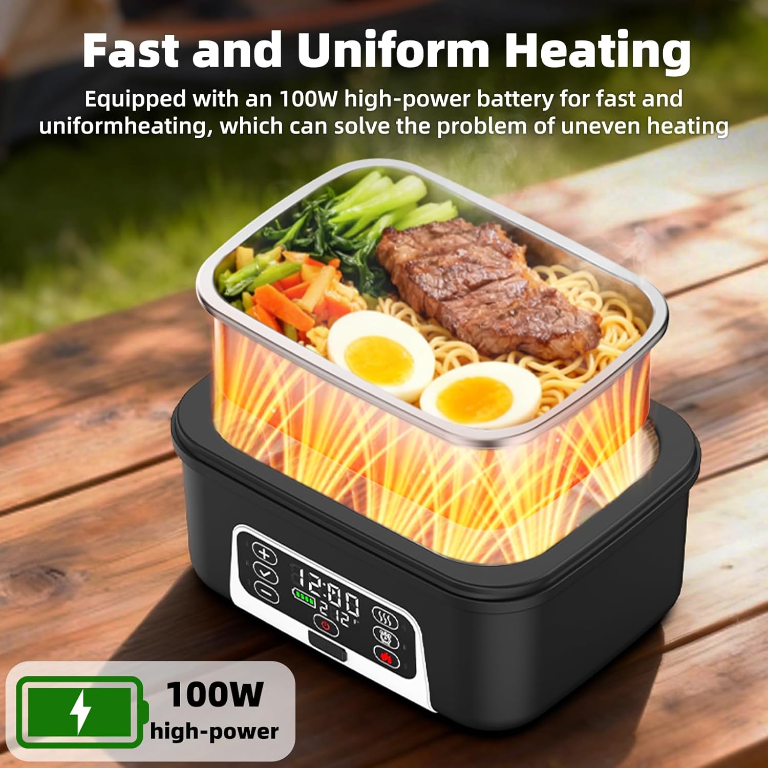 XL 6.3-Cups Cordless Electric Heated Lunch Box for Adults, 20000mAh Rechargeable Battery Powered Smart Self Heating Lunchbox for Men Women, 100W Food Warmer for Trucks Driver Travel Office Worker - Image 3