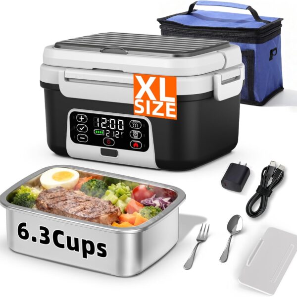 XL 6.3-Cups Cordless Electric Heated Lunch Box for Adults, 20000mAh Rechargeable Battery Powered Smart Self Heating Lunchbox for Men Women, 100W Food Warmer for Trucks Driver Travel Office Worker