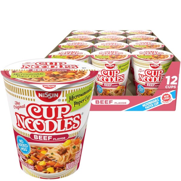 Nissin Cup Noodles Soup, Beef Flavor, Microwaveable Paper Cups, Instant Ramen, 2.25 Ounce (Pack of 12)