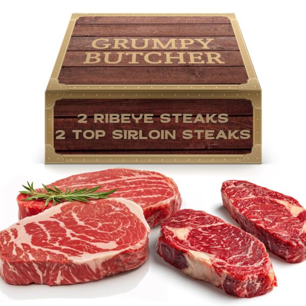 Grumpy Butcher 4-Steak Gift Box – 2 Ribeye Steaks (12 oz) & 2 Top Sirloin Steaks (6 oz) – Frozen USDA-Choice Angus Beef Sampler - Gourmet Steak Gift Package for Holiday, Birthday & BBQ Grill