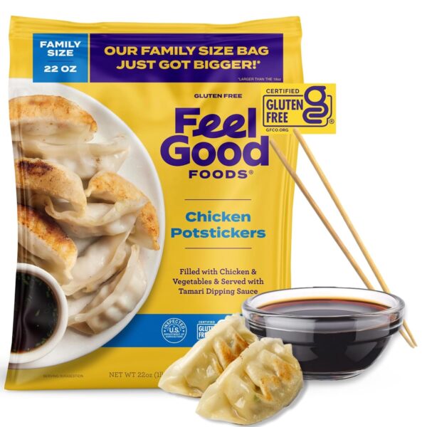 Feel Good Foods Chicken Potstickers - Family Size Gluten Free Dumplings with Umami Tamari Dipping Sauce, 22oz (Frozen)